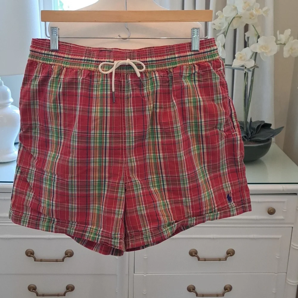Polo by Ralph Lauren Mens Red Plaid Swim Trunks Lined Elastic Waist Size L‎